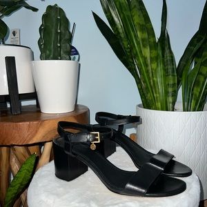 Tory Burch Black Sandal Block Heel Ankle Strap Gold Logo on Strap